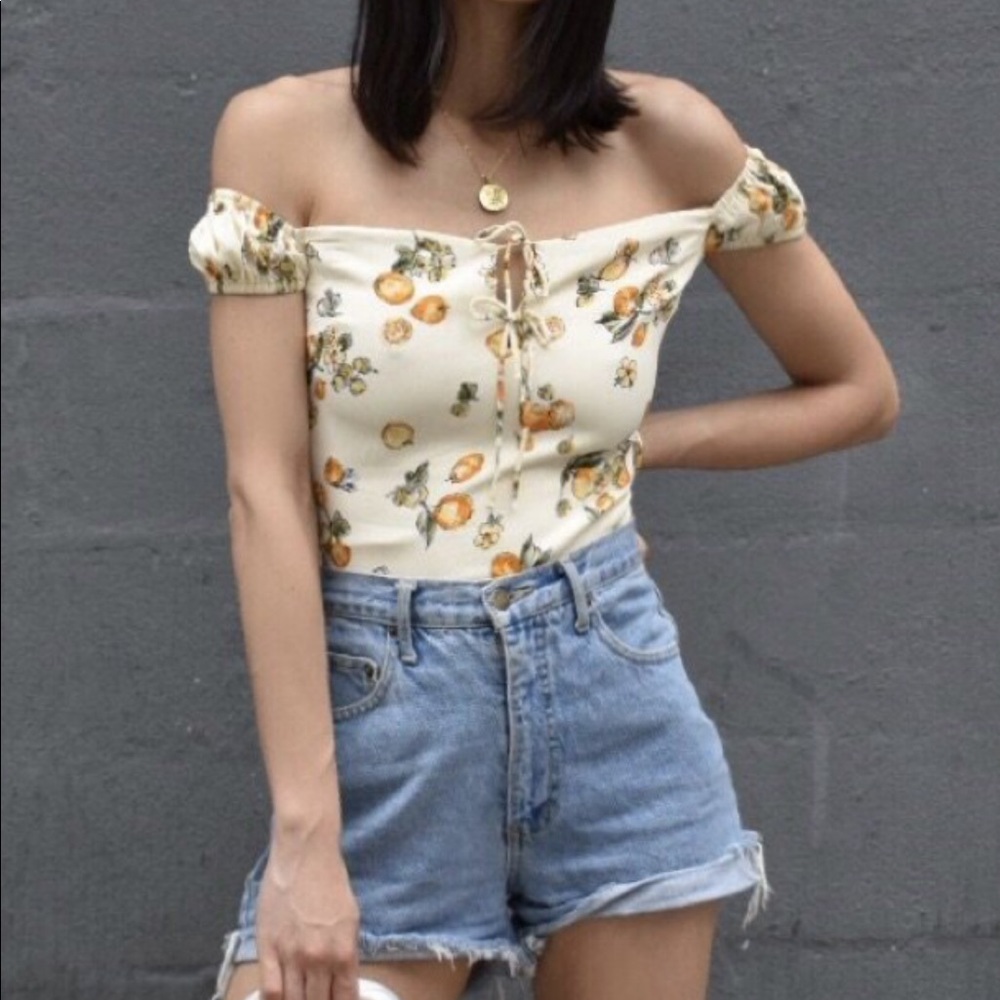Off Shoulder Smocked Back Fruit Print Top